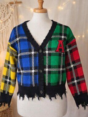Runway 7 Patchwork Plaid Knit Cardigan Sweater S Grunge Varsity Retro Prep Y2K